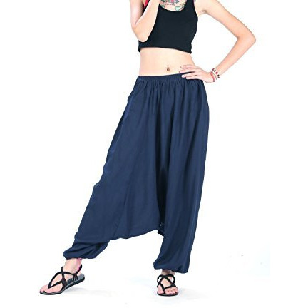Men Women 100% Rayon Baggy Boho Yoga Harem Pants Navy Blue One size