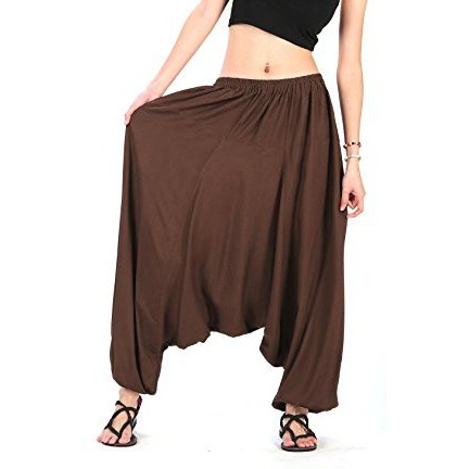 Men Women 100% Rayon Baggy Boho Yoga Harem Pants -Dark Brown-Free size
