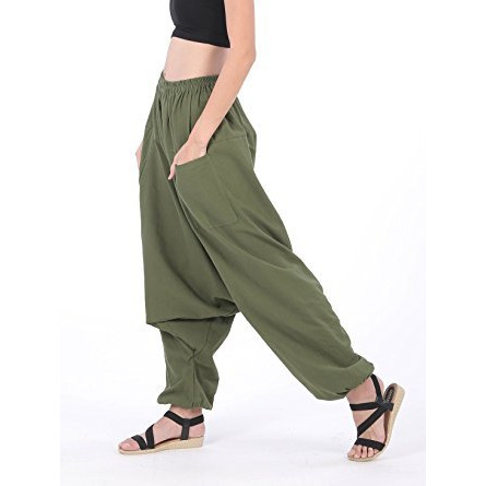 Men Women 100% Cotton Baggy Boho Aladin Yoga Harem Pants (Olive Green)