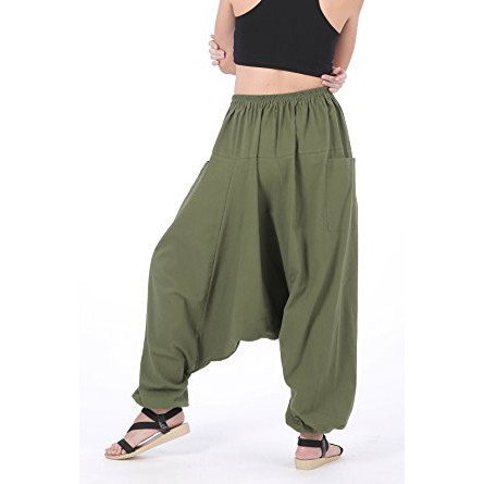 Men Women 100% Cotton Baggy Boho Aladin Yoga Harem Pants (Olive Green)