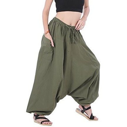 100% Cotton Baggy Boho Gypsy Hippie Harem Pants Plus Size (Army Green)