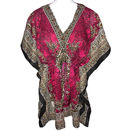 Women's Kaftan Short Dress Swim Suit Cover up (Pink/Tribal)