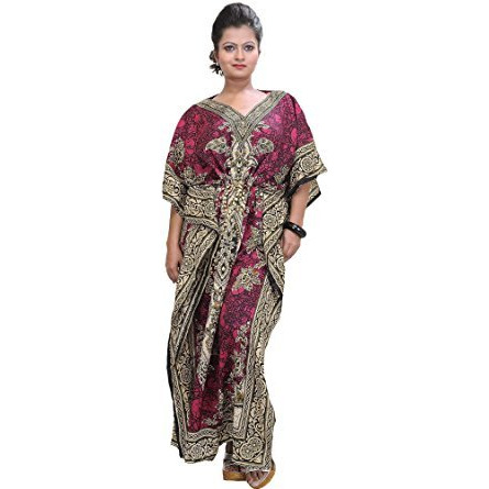 Indian Long Printed Kaftan with Dori at Waist - Color Carmine Pink