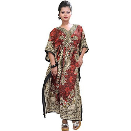 Indian Long Printed Kaftan with Dori at Waist - Color Claret Red