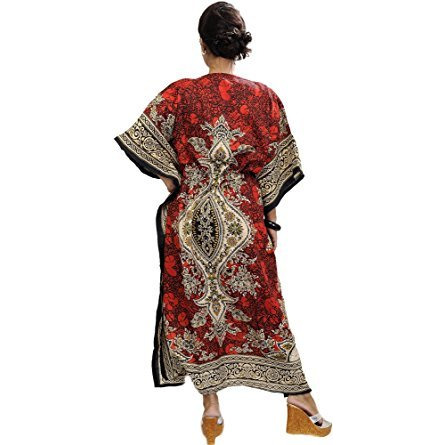 Indian Long Printed Kaftan with Dori at Waist - Color Claret Red