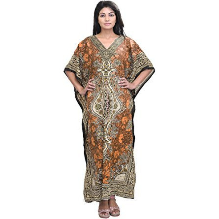 Indian Long Printed Kaftan with Dori at Waist - Color Peach