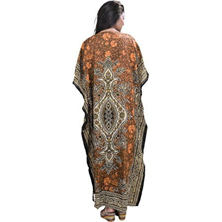 Indian Long Printed Kaftan with Dori at Waist - Color Peach