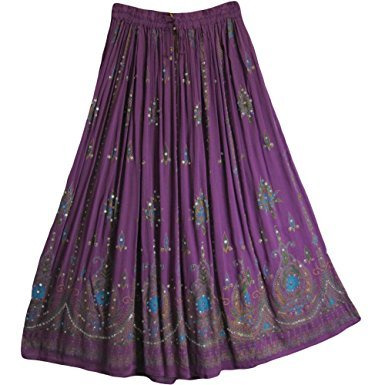 Womens Indian Sequin Crinkle Broomstick Gypsy Long Skirt (Purple)
