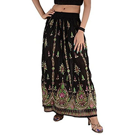 Sequin Long Maxi Elastic Skirt Black & Green One Size