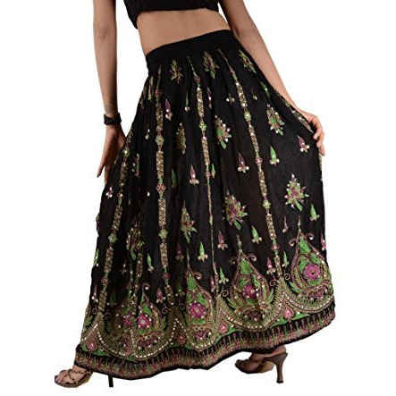 Sequin Long Maxi Elastic Skirt Black & Green One Size