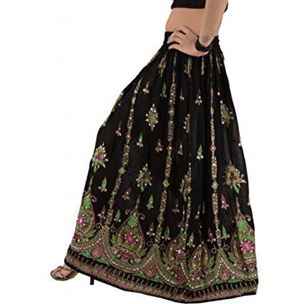 Sequin Long Maxi Elastic Skirt Black & Green One Size