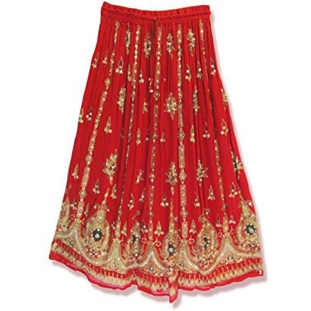 Womens Indian Sequin Crinkle Broomstick Gypsy Long Skirt (Red)