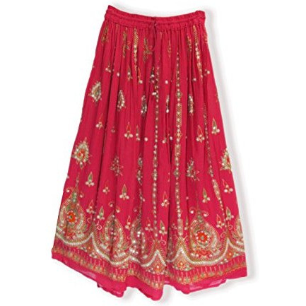 Womens Indian Sequin Crinkle Broomstick Gypsy Long Skirt (Fuscia)