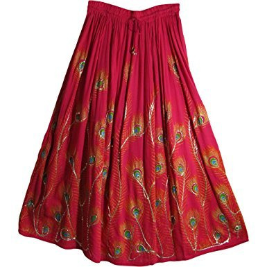 Women's Indian Sequin Crinkle Broomstick Gypsy Peacock Long Skirt (Coral)