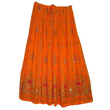 Womens Indian Sequin Crinkle Broomstick Gypsy Long Skirt (Orange)