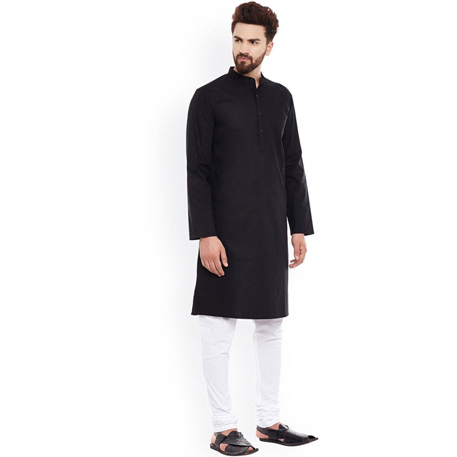 Black & White Cotton Kurta Pajama For Men Yoga Indian Clothing - Chest 42