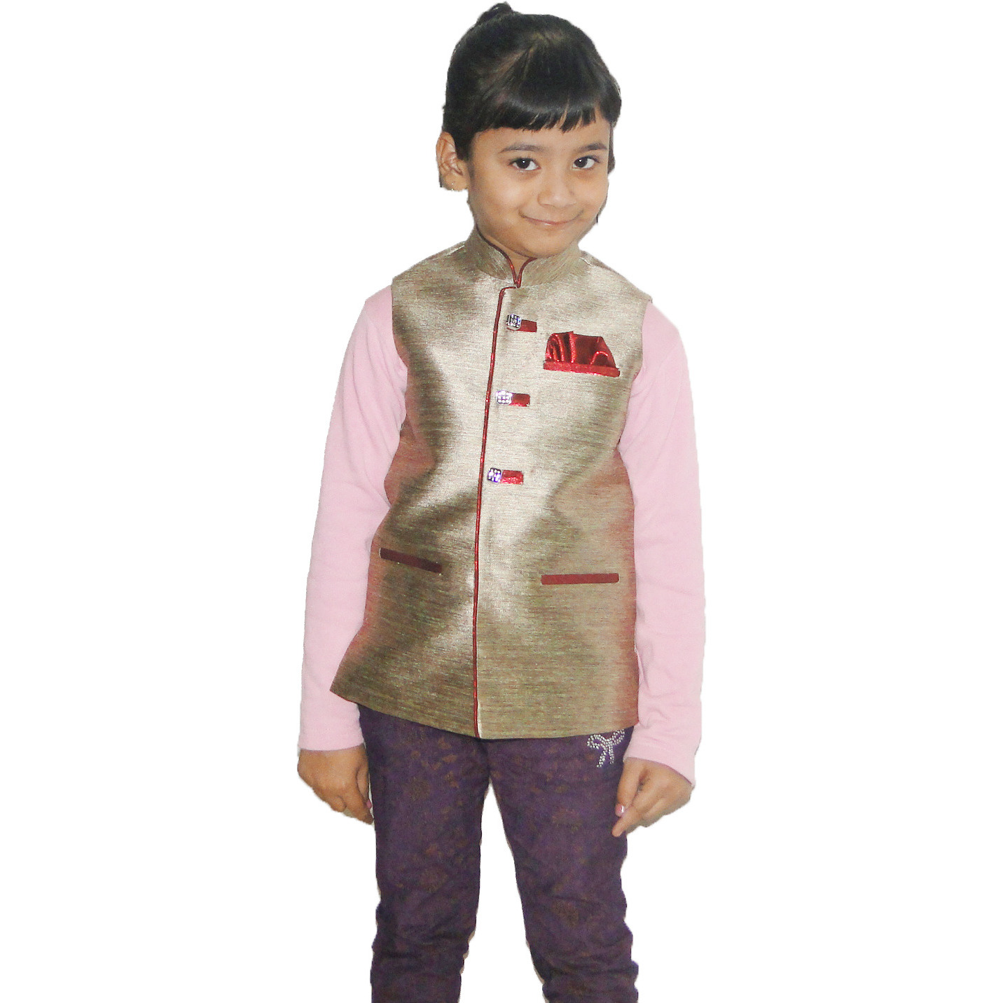 Gold Silk Brocade Material Ethnic Wear Waistcoat Party Wear Clothing
