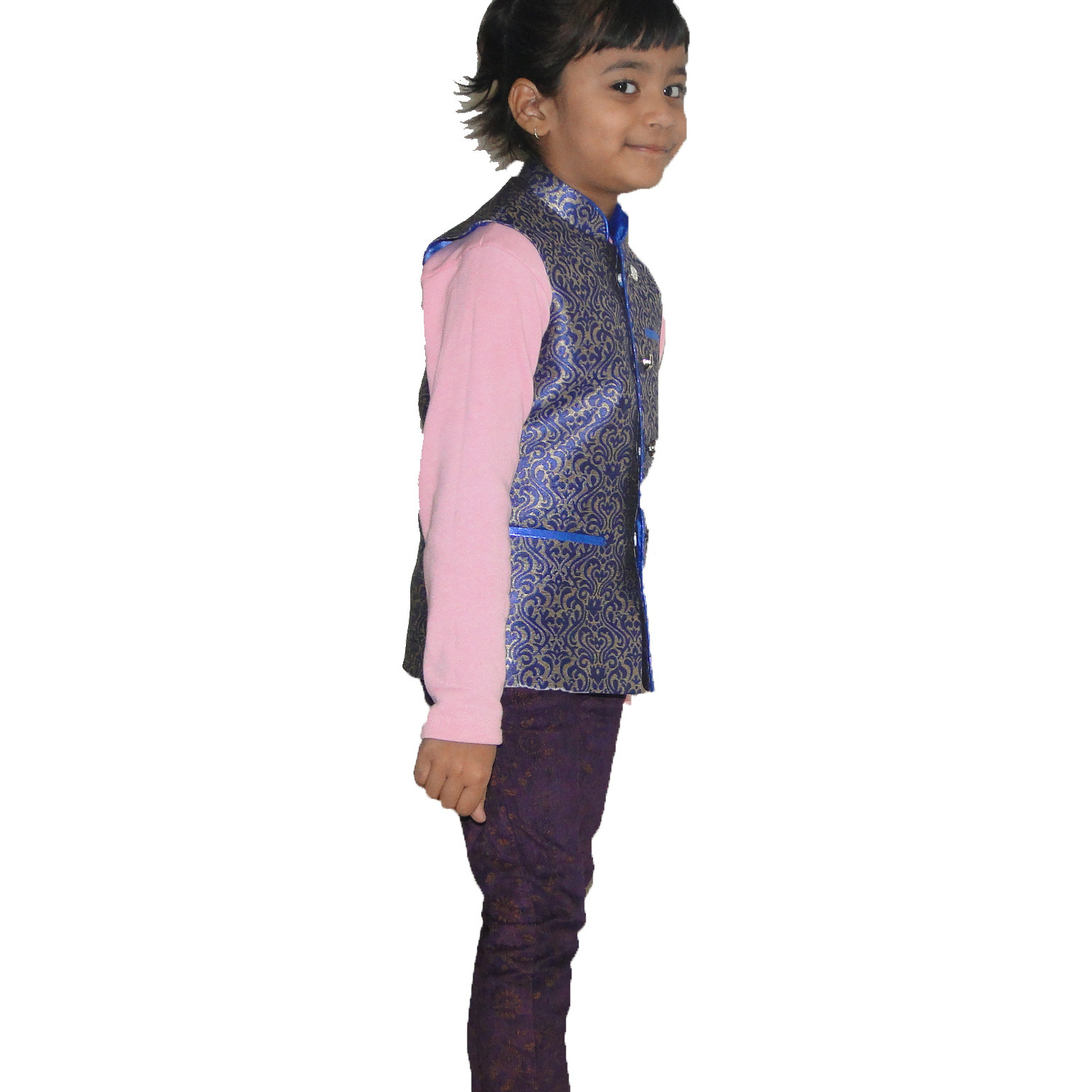 Beige and Blue Silk Brocade Material Ethnic Wear Waistcoat Party Wear Clothing