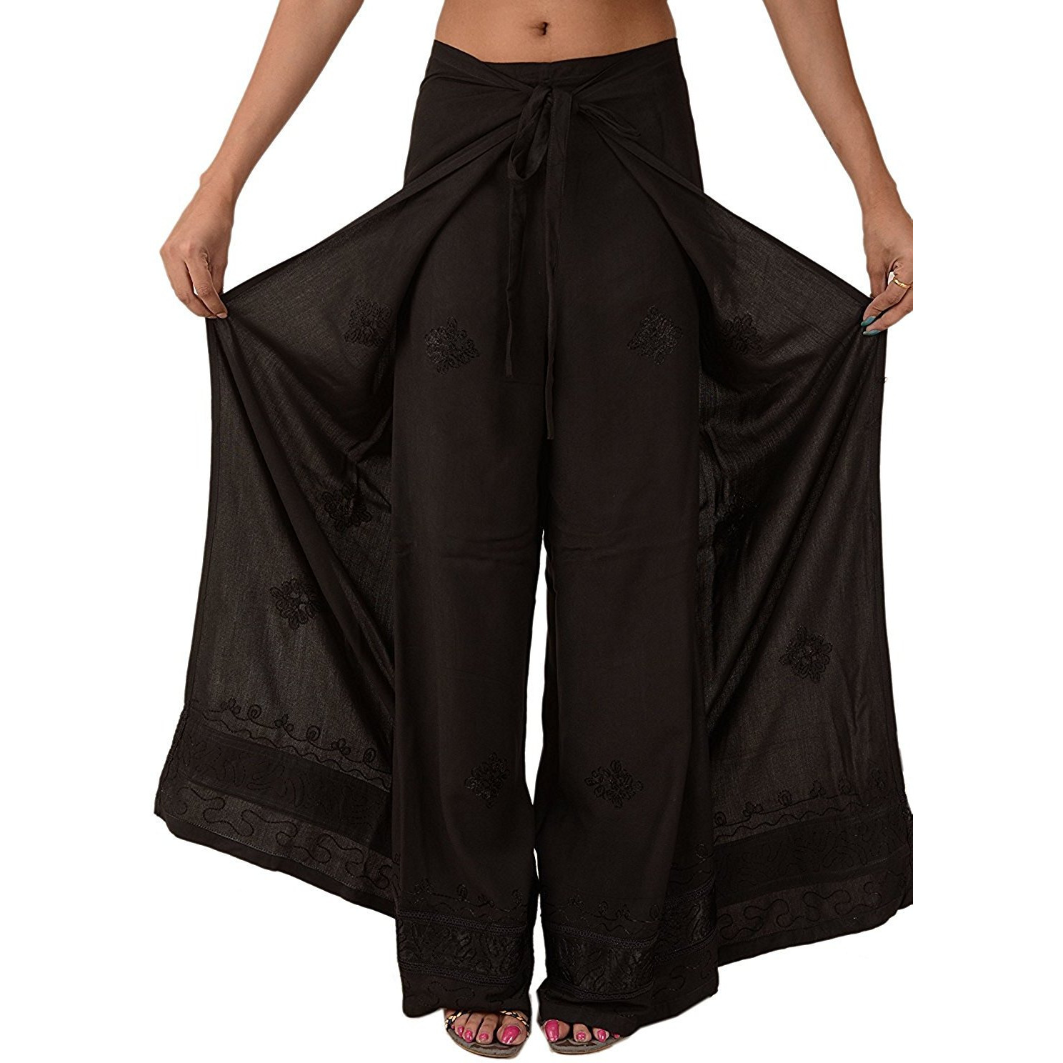Womens Split Wide Leg Long Embroidered Rayon Wrap Palazzo Pant