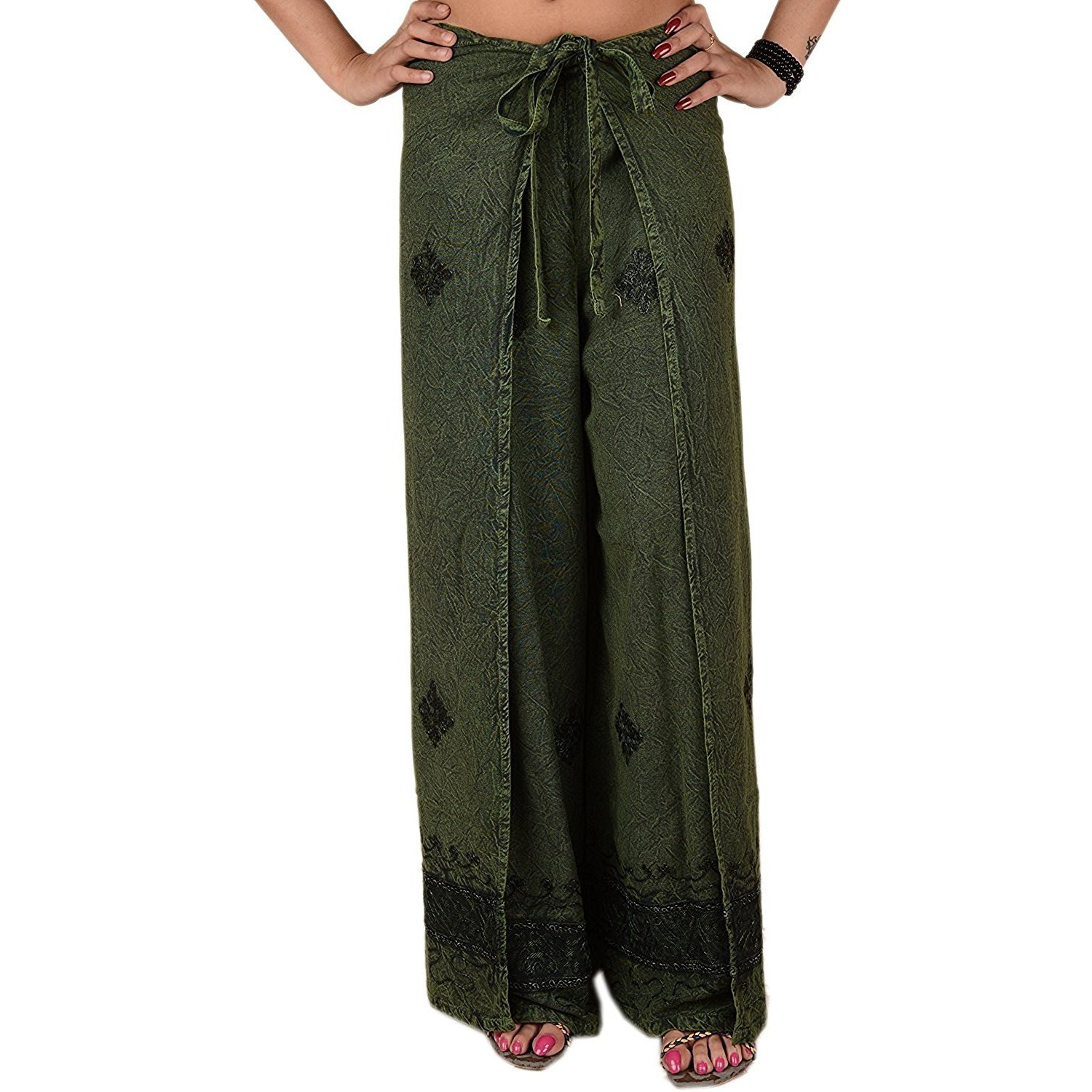 Womens Split Wide Leg Long Embroidered Rayon Wrap Palazzo Pant
