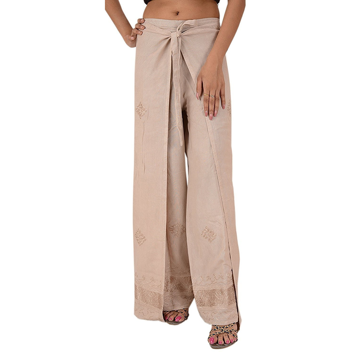 Womens Split Wide Leg Long Embroidered Rayon Wrap Palazzo Pant