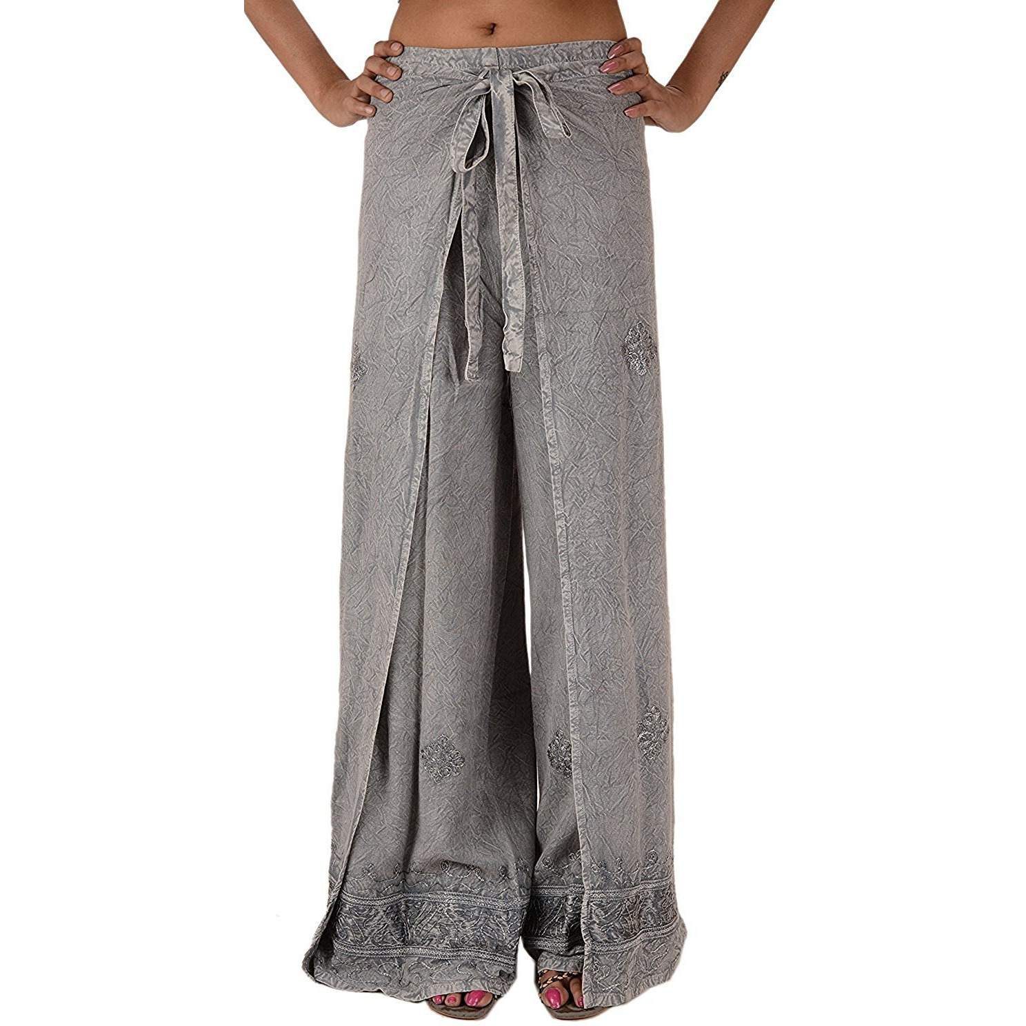Womens Split Wide Leg Long Embroidered Rayon Wrap Palazzo Pant
