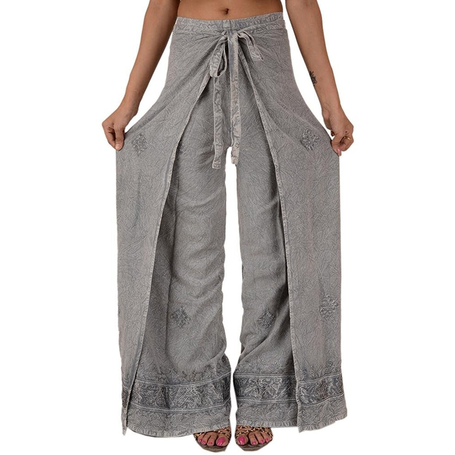 Womens Split Wide Leg Long Embroidered Rayon Wrap Palazzo Pant