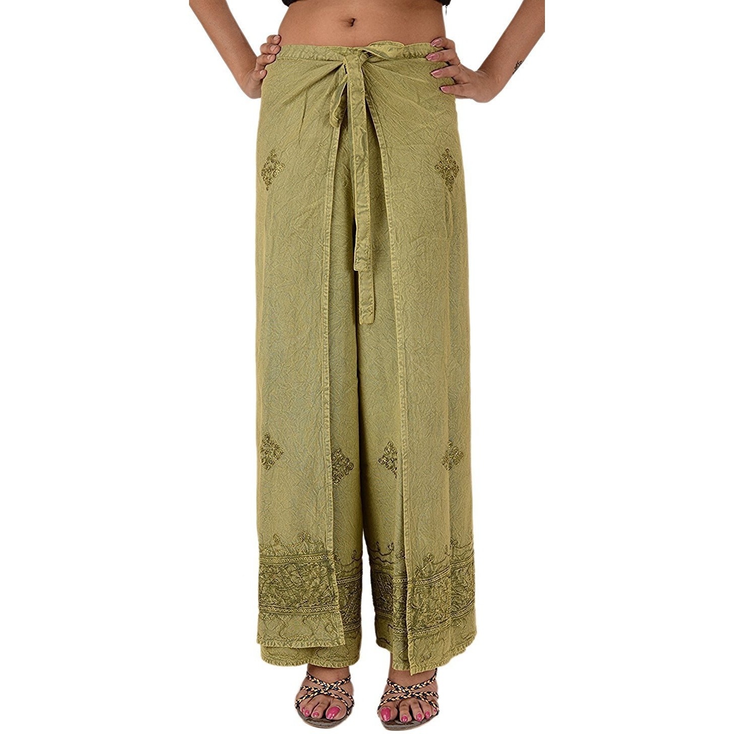 Womens Split Wide Leg Long Embroidered Rayon Wrap Palazzo Pant