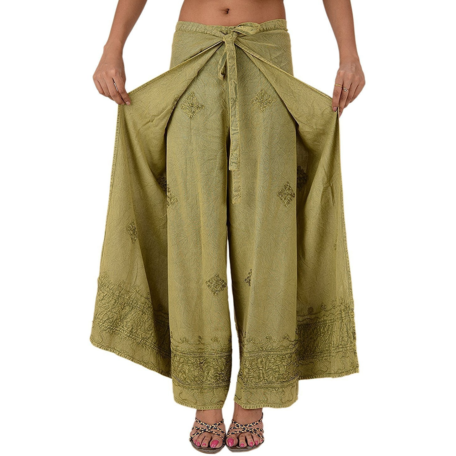 Womens Split Wide Leg Long Embroidered Rayon Wrap Palazzo Pant