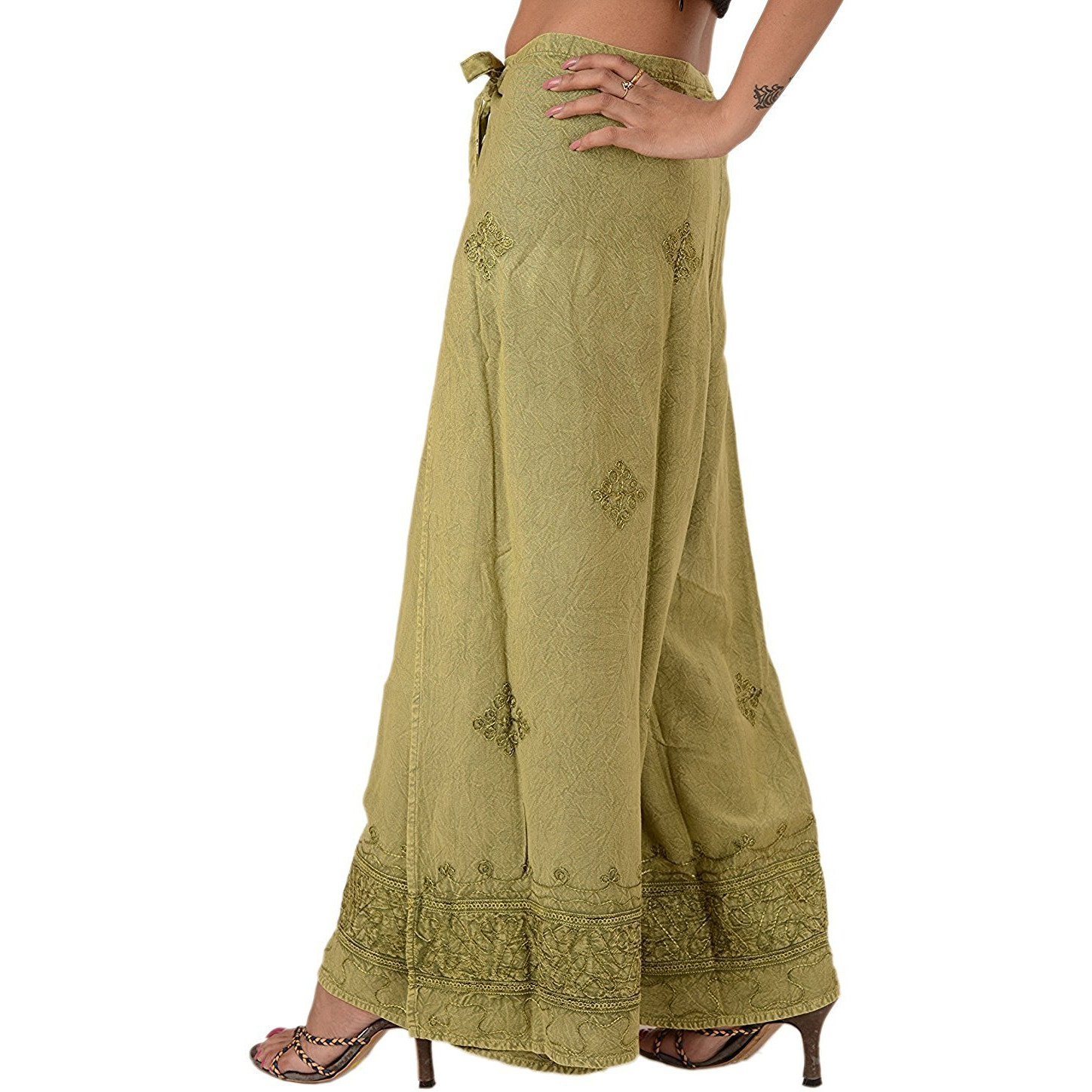 Womens Split Wide Leg Long Embroidered Rayon Wrap Palazzo Pant