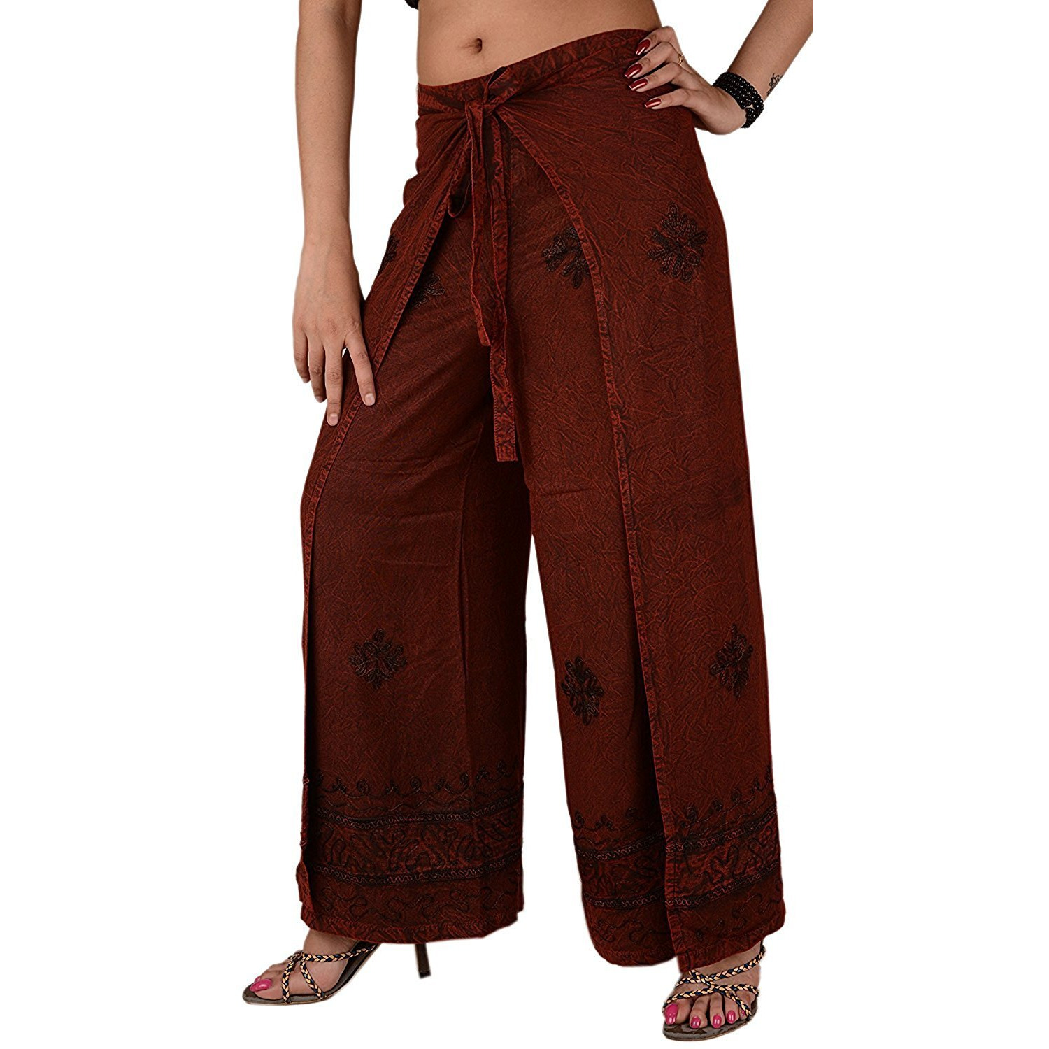Womens Split Wide Leg Long Embroidered Rayon Wrap Palazzo Pant