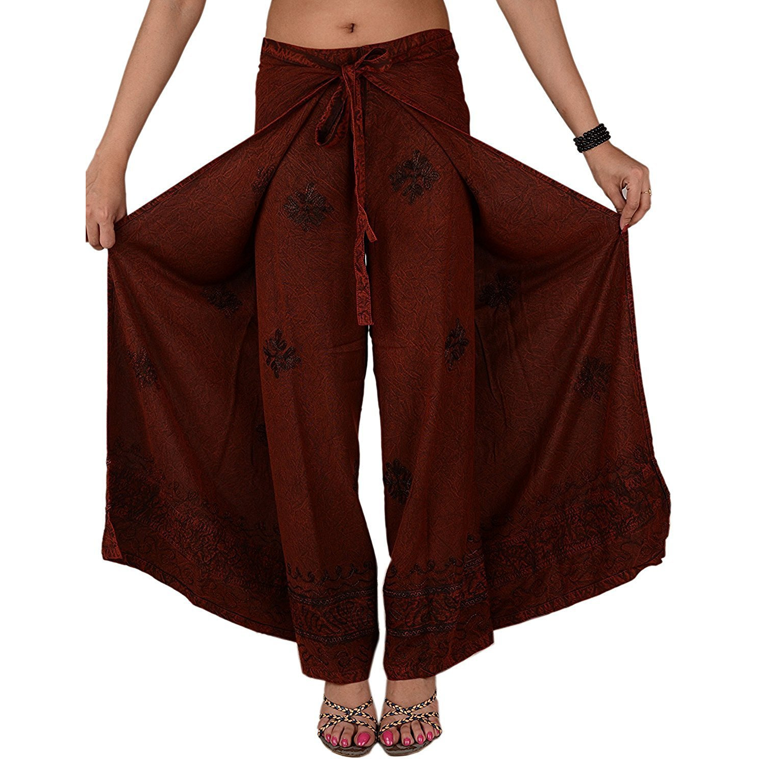 Womens Split Wide Leg Long Embroidered Rayon Wrap Palazzo Pant