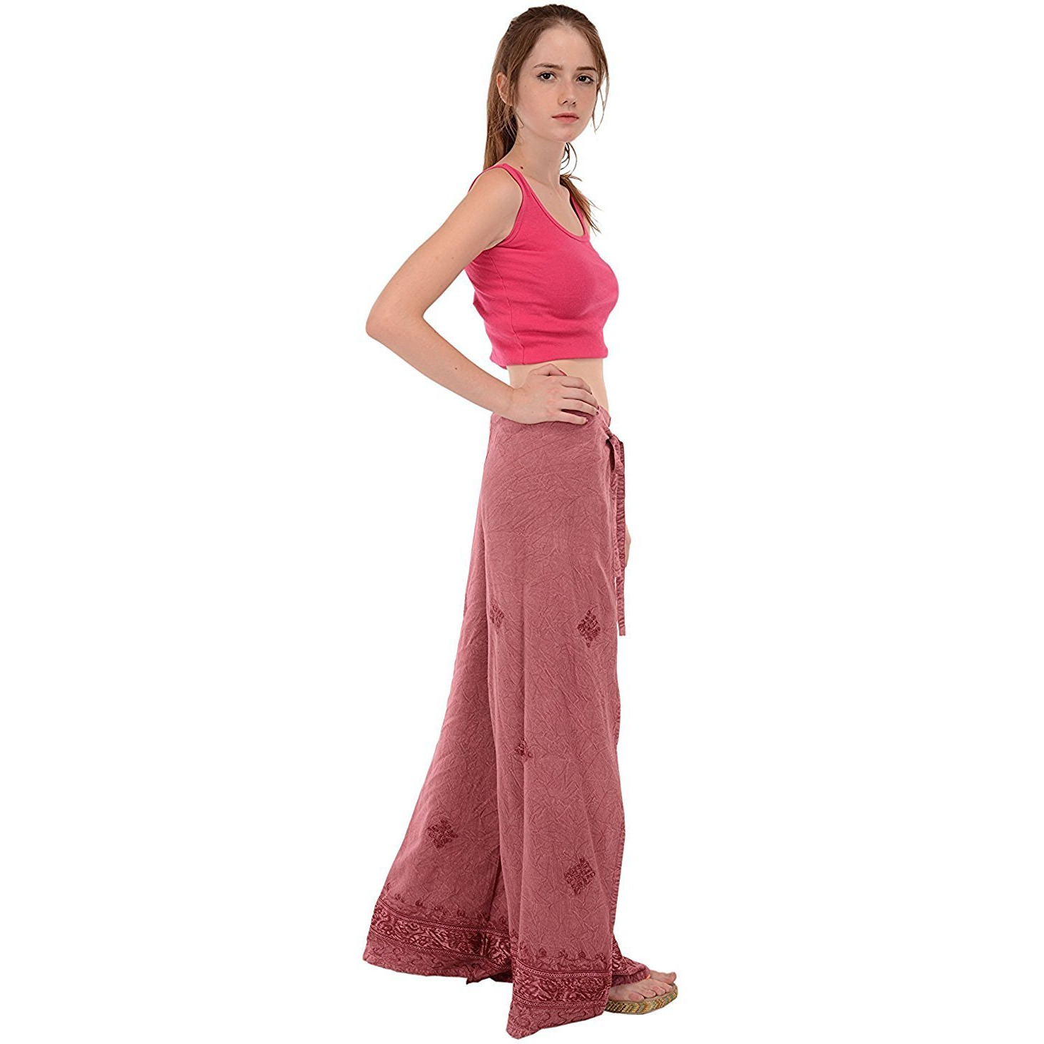 Womens Split Wide Leg Long Embroidered Rayon Wrap Palazzo Pant