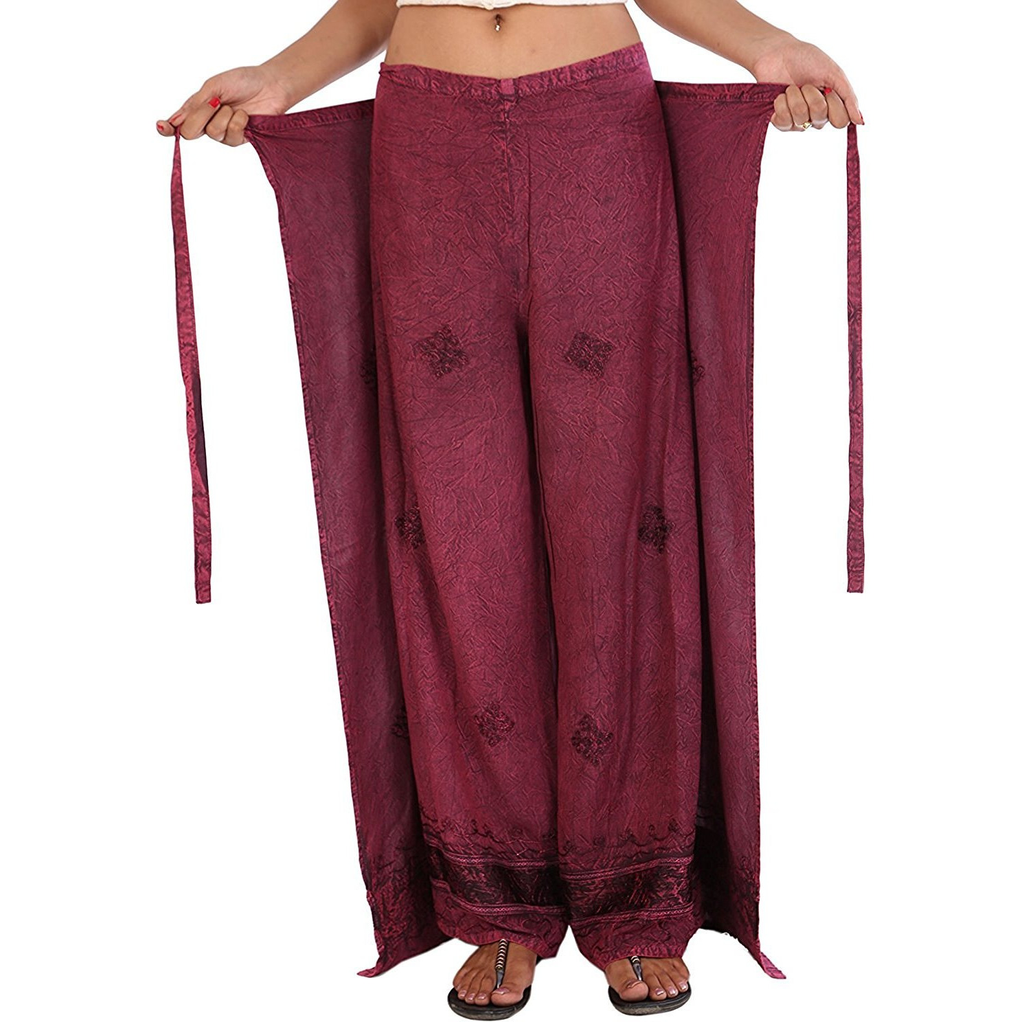 Womens Split Wide Leg Long Embroidered Rayon Wrap Palazzo Pant