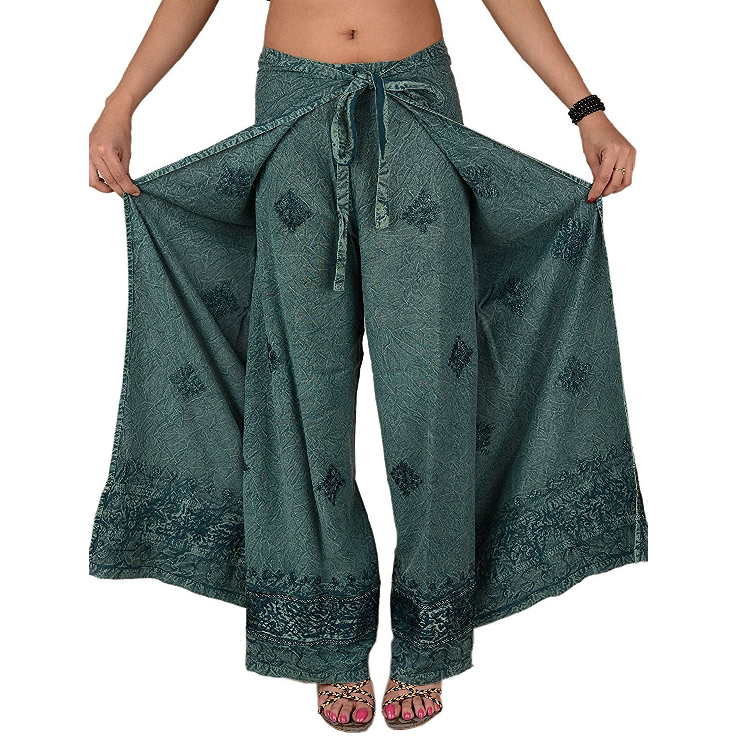 Womens Split Wide Leg Long Embroidered Rayon Wrap Palazzo Pant
