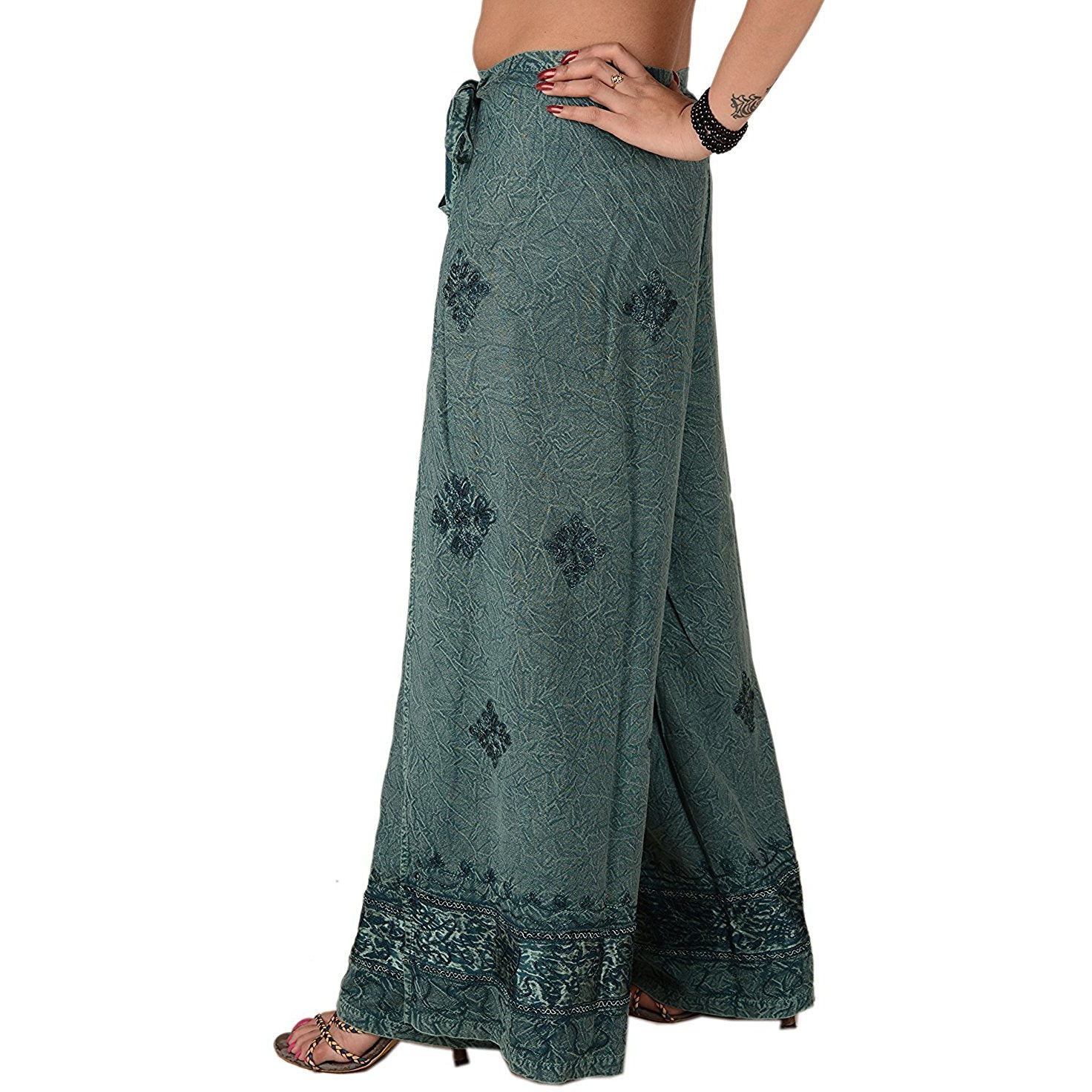 Womens Split Wide Leg Long Embroidered Rayon Wrap Palazzo Pant