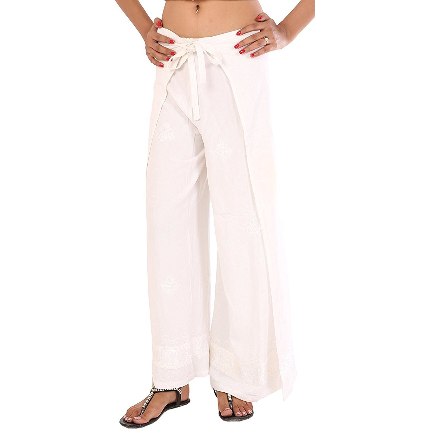Womens Split Wide Leg Long Embroidered Rayon Wrap Palazzo Pant