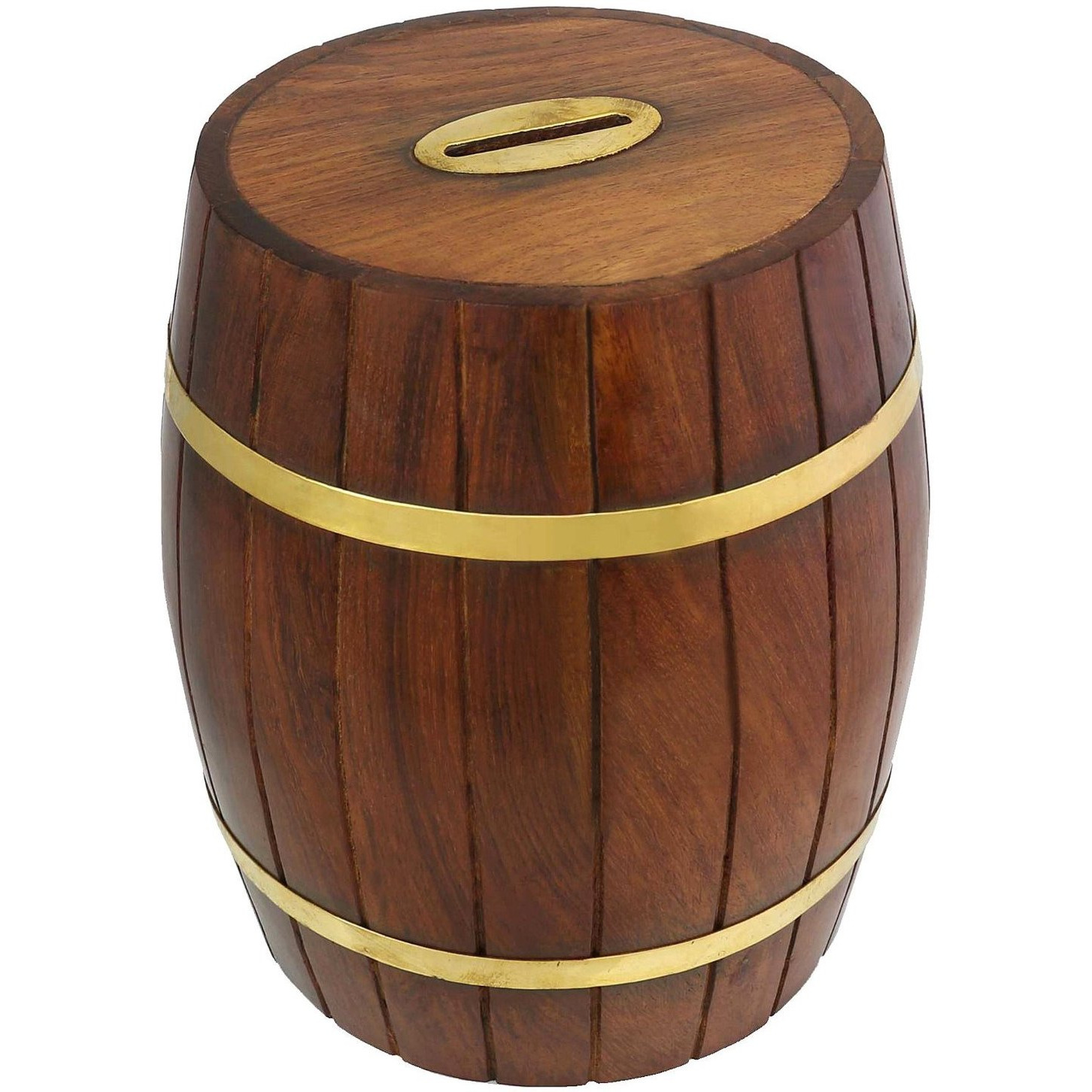 Handcrafted Indian Wooden Barrel Money Bank for Kids - Brass Accents and Coin Slot - Measures 7 Inches