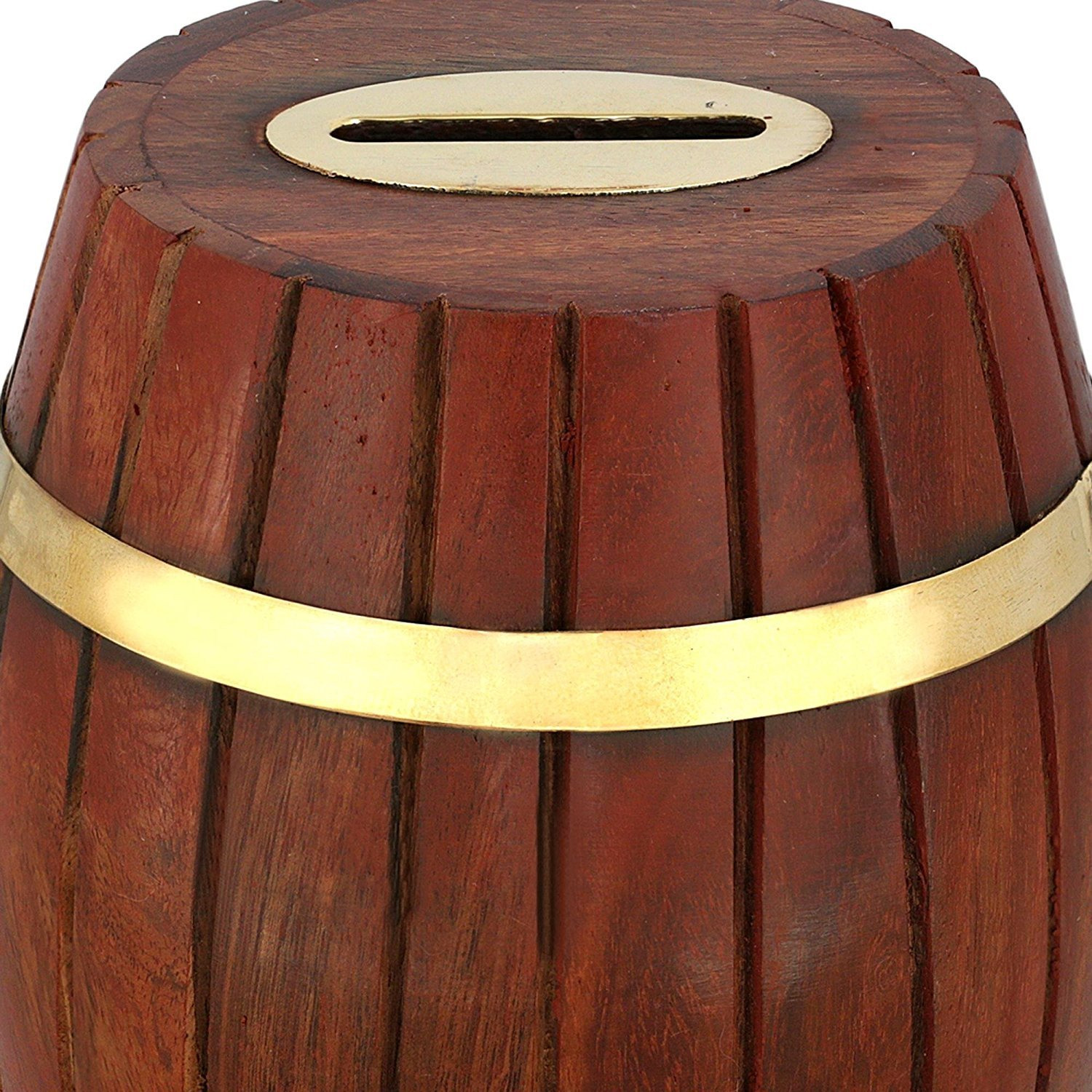 Handcrafted Indian Wooden Barrel Money Bank for Kids - Brass Accents and Coin Slot - Measures 7 Inches