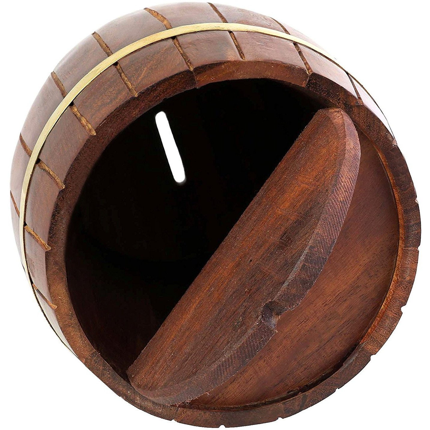 Handcrafted Indian Wooden Barrel Money Bank for Kids - Brass Accents and Coin Slot - Measures 7 Inches