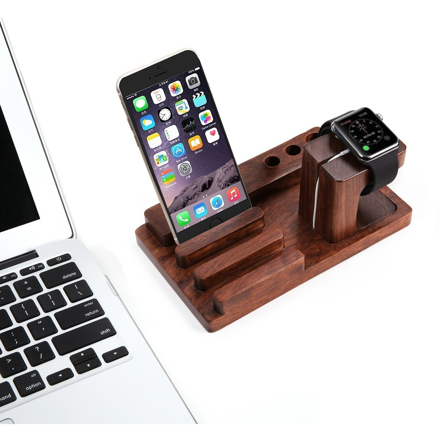 Winmaarc Wooden Phone Charging Station Dock, 3 in 1 Desktop Organizer Charging Stand Mount Cradle Holder, Pen Holder, Apple Watch & Iphone & Tablet & Ipad Holder