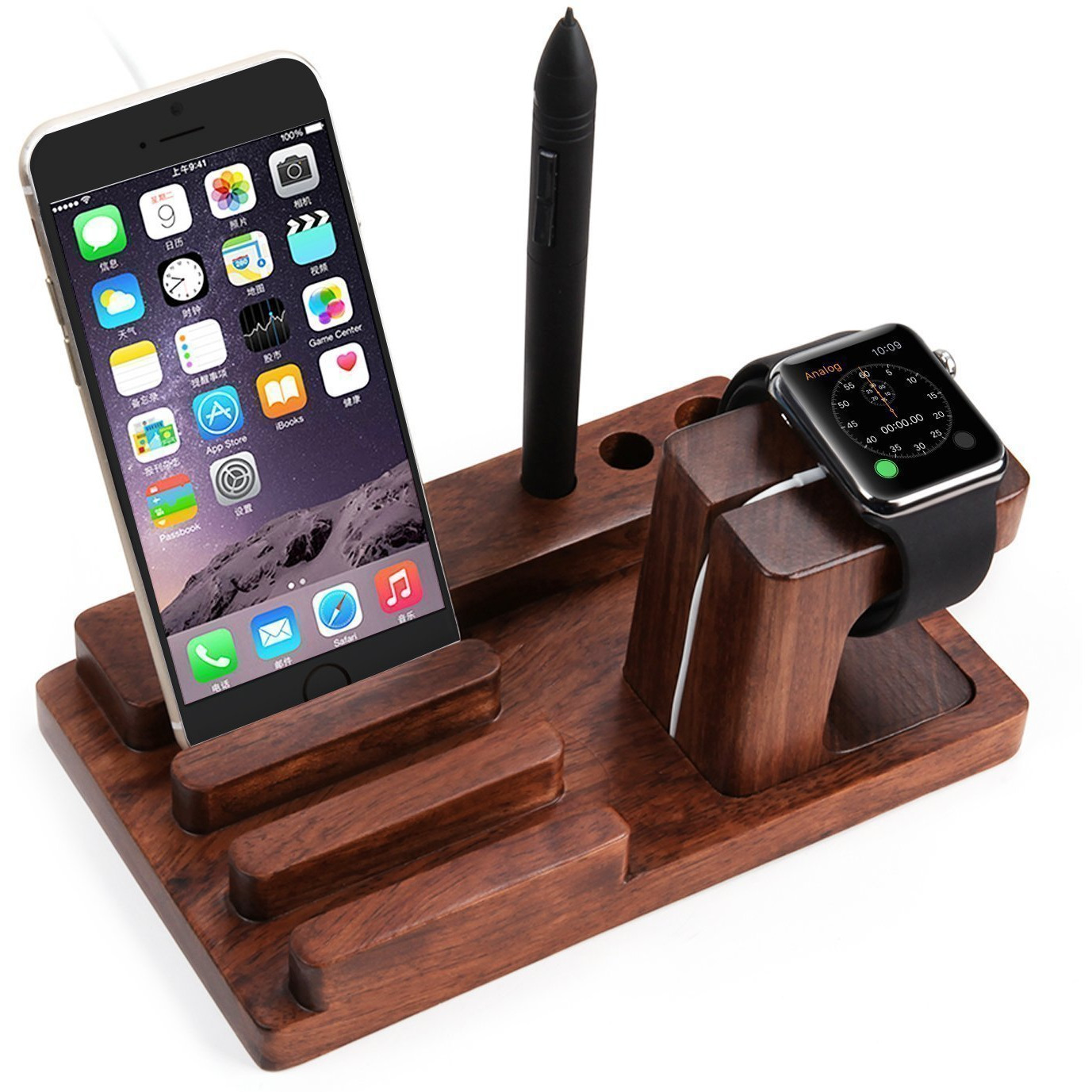 Winmaarc Wooden Phone Charging Station Dock, 3 in 1 Desktop Organizer Charging Stand Mount Cradle Holder, Pen Holder, Apple Watch & Iphone & Tablet & Ipad Holder