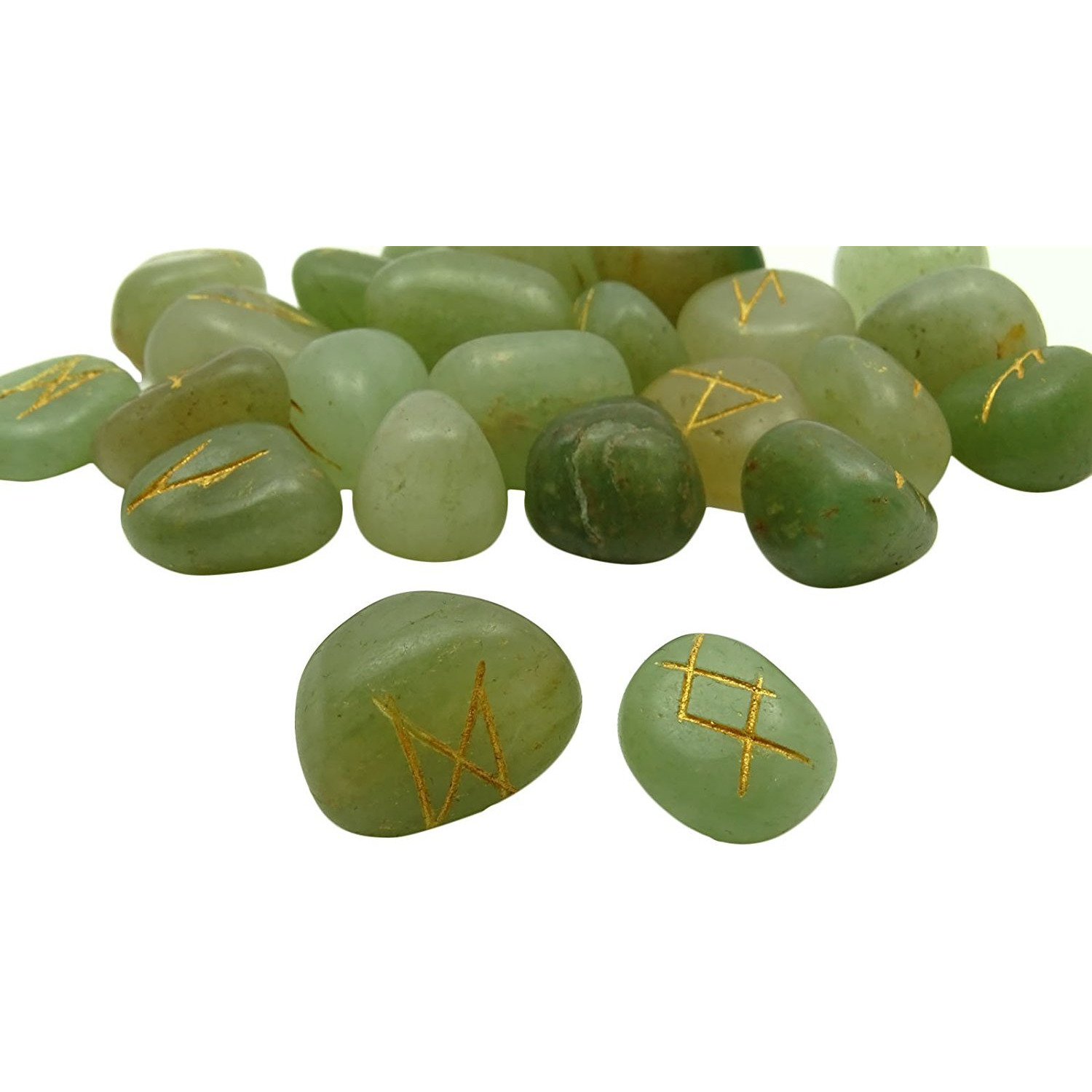 Winmaarc Natural Gemstone Runes Set Polished Stone Engraved Symbol 25pcs Set Crystal Chakra Healling (Green Aventurine)