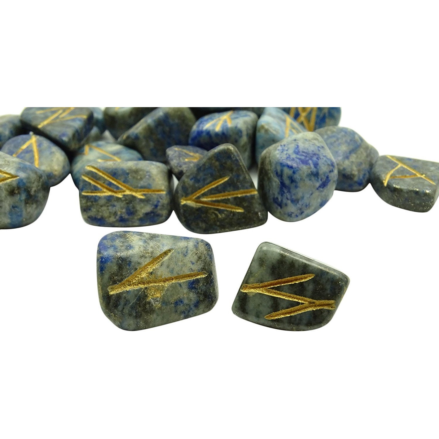 Winmaarc Natural Gemstone Runes Set Polished Stone Engraved Symbol 25pcs Set Crystal Chakra Healling (Lapis Lazuli)