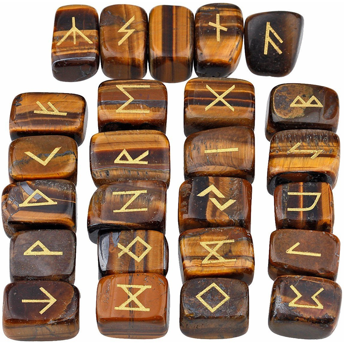 Winmaarc Natural Gemstone Runes Set Polished Stone Engraved Symbol 25pcs Set Crystal Chakra Healling (Tiger Eye)