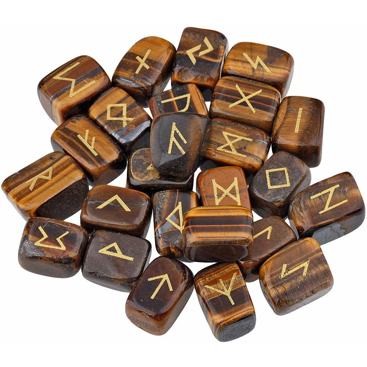 Winmaarc Natural Gemstone Runes Set Polished Stone Engraved Symbol 25pcs Set Crystal Chakra Healling (Tiger Eye)