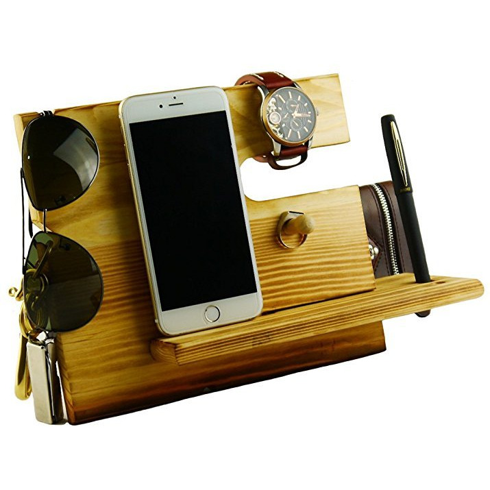 Winmaarc Wooden Phone Docking Station Key Holder, Pen Holder, Wallet and Watch Organizer Mens Gift