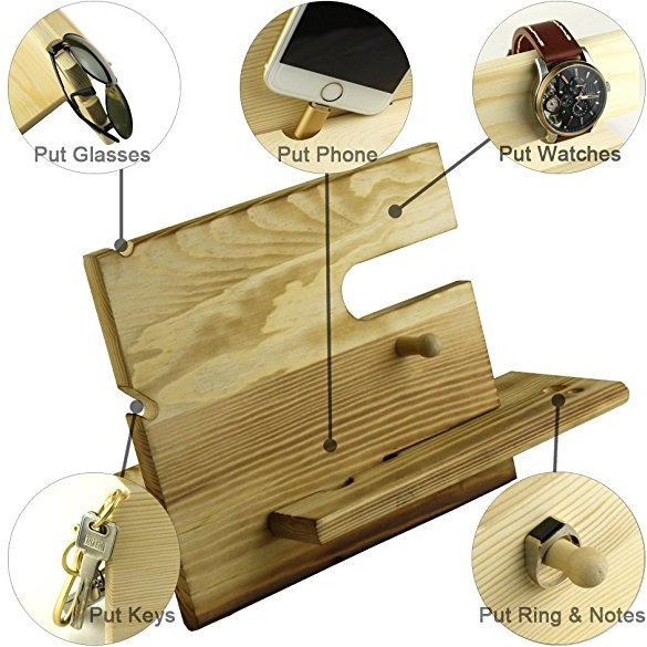 Winmaarc Wooden Phone Docking Station Key Holder, Pen Holder, Wallet and Watch Organizer Mens Gift