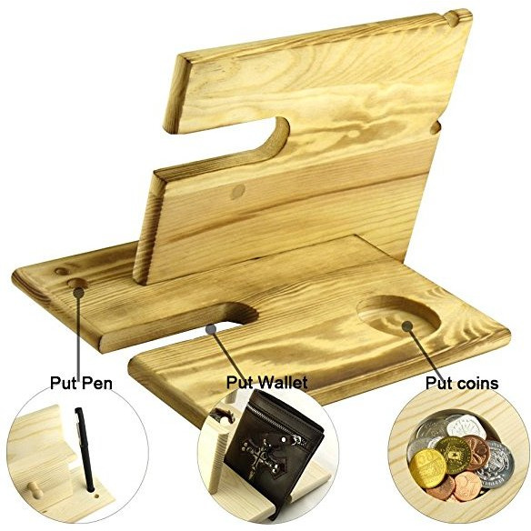 Winmaarc Wooden Phone Docking Station Key Holder, Pen Holder, Wallet and Watch Organizer Mens Gift