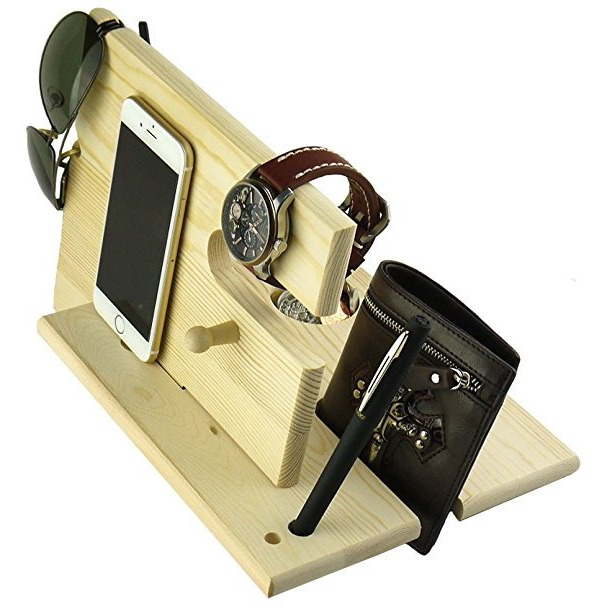Winmaarc Wooden Phone Docking Station Key Holder, Pen Holder, Wallet and Watch Organizer Mens Gift